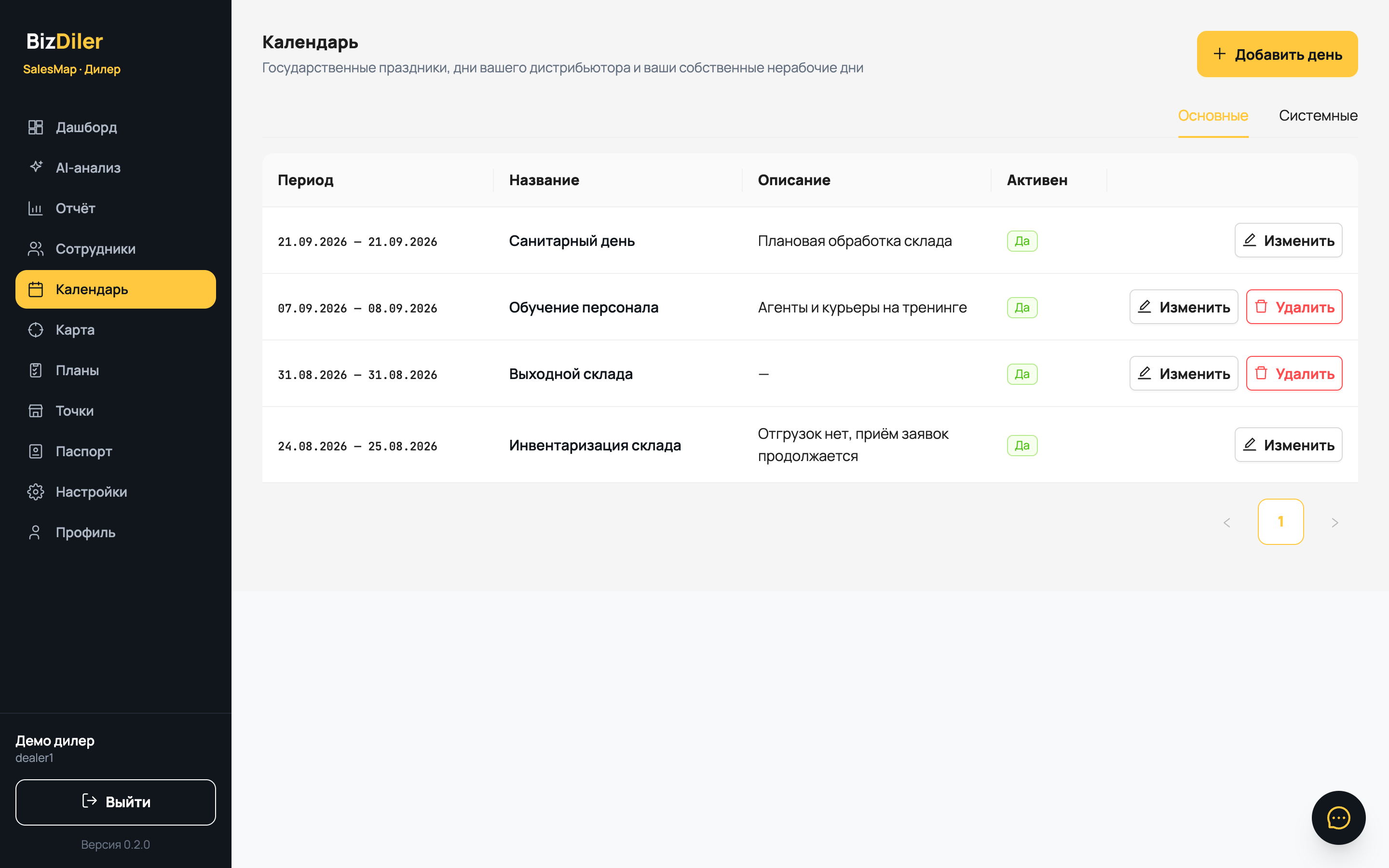 Календарь дилера